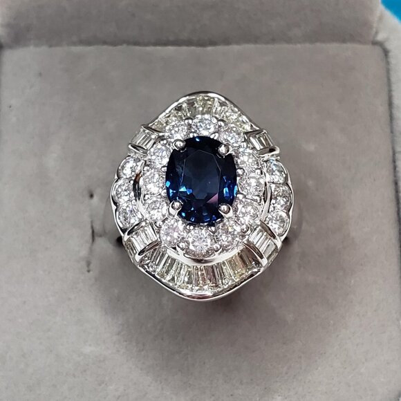 Luxury Blue Sapphire and Diamond In 18k White Gold Ring Classy and Elegant - Picture 3 of 16